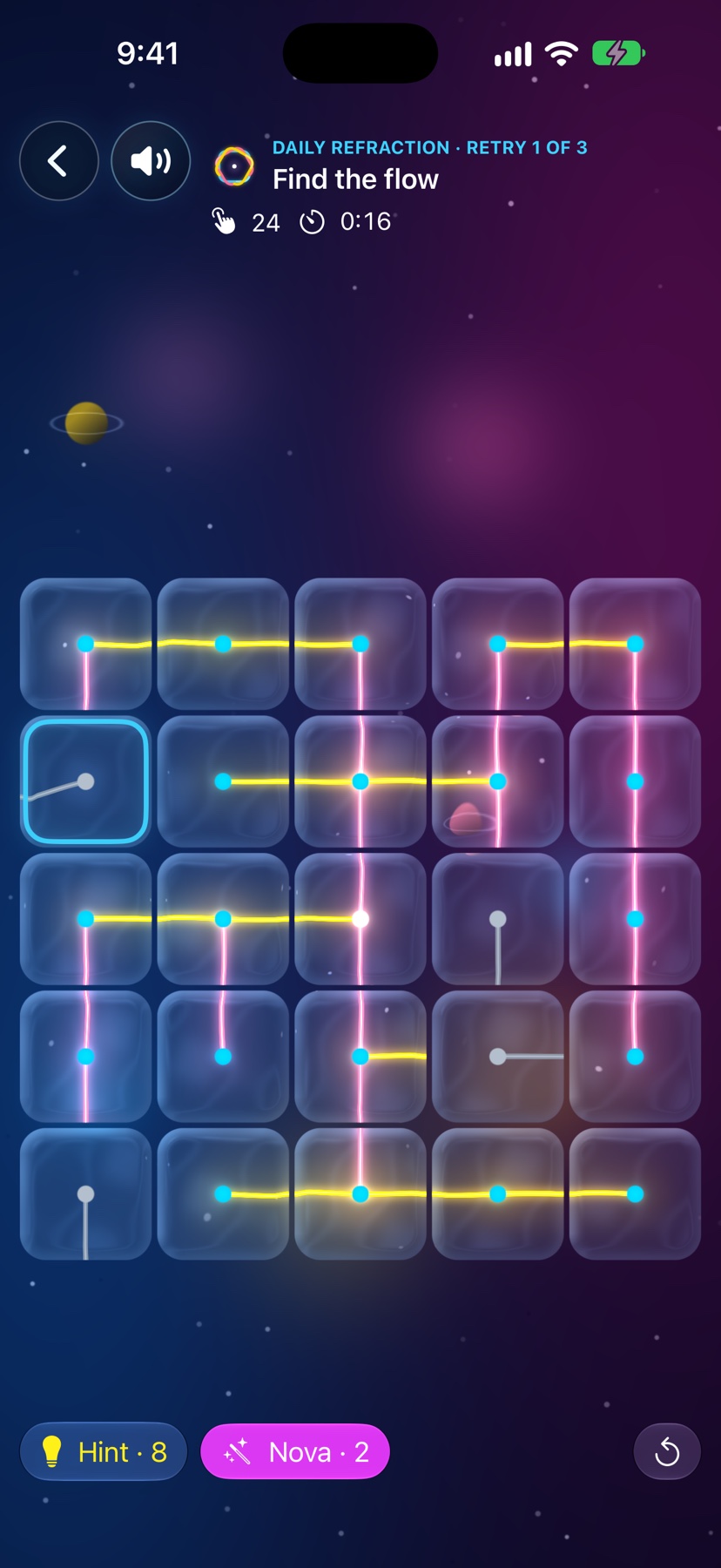 Astrefract Daily Refraction gameplay on iPhone, showing a fresh light puzzle and score timer.