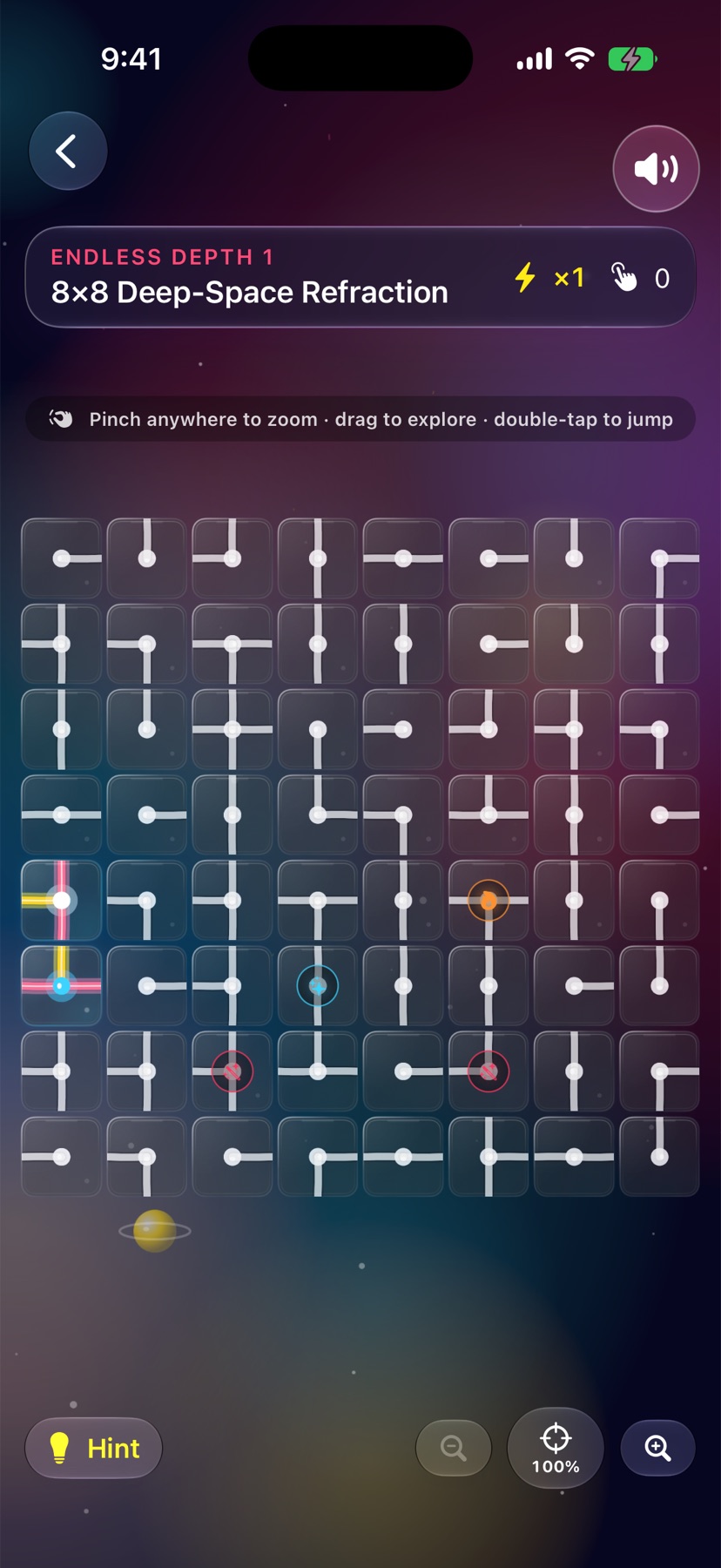 Astrefract Endless Deep Space gameplay on iPhone, showing a real eight-by-eight refraction and zoom controls.