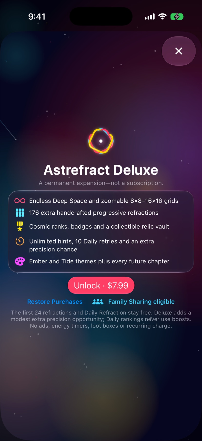 The Astrefract Deluxe screen on iPhone, showing the permanent expansion and included features.