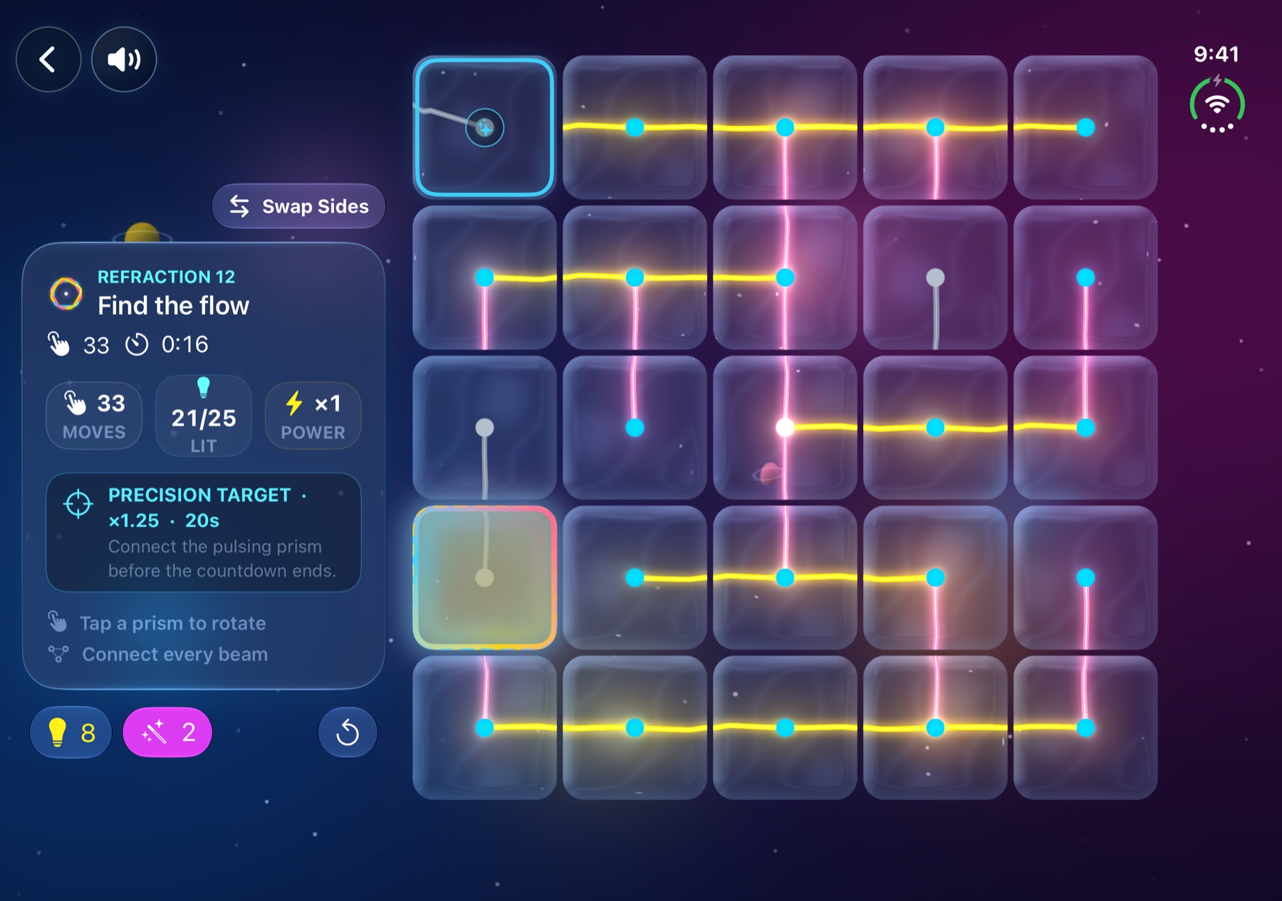 Astrefract on the unfolded iPhone Duo inner display with an expanded playfield and information panel.