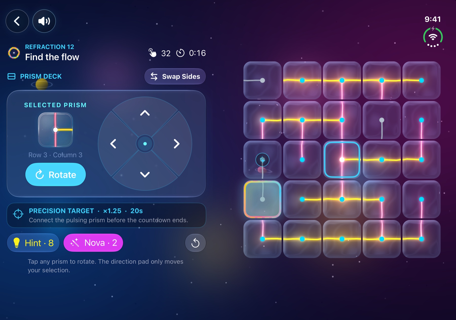 Astrefract Prism Deck on iPhone Duo with the controls beside the active light puzzle.