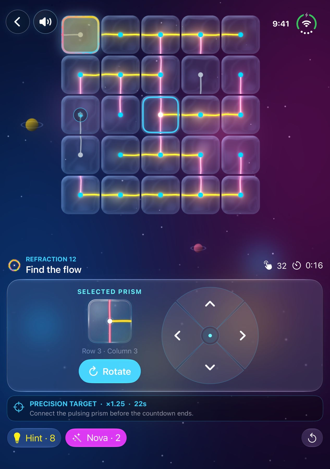 Astrefract in iPhone Duo Tabletop mode with the puzzle above the fold and controls below it.