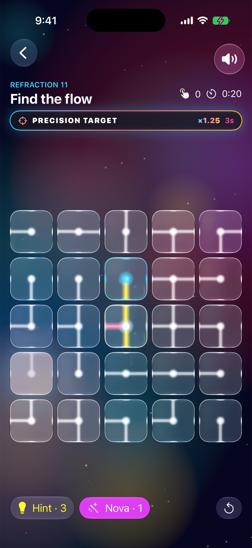 Astrefract Refraction 11 gameplay on iPhone, showing luminous glass prisms and connected beams.